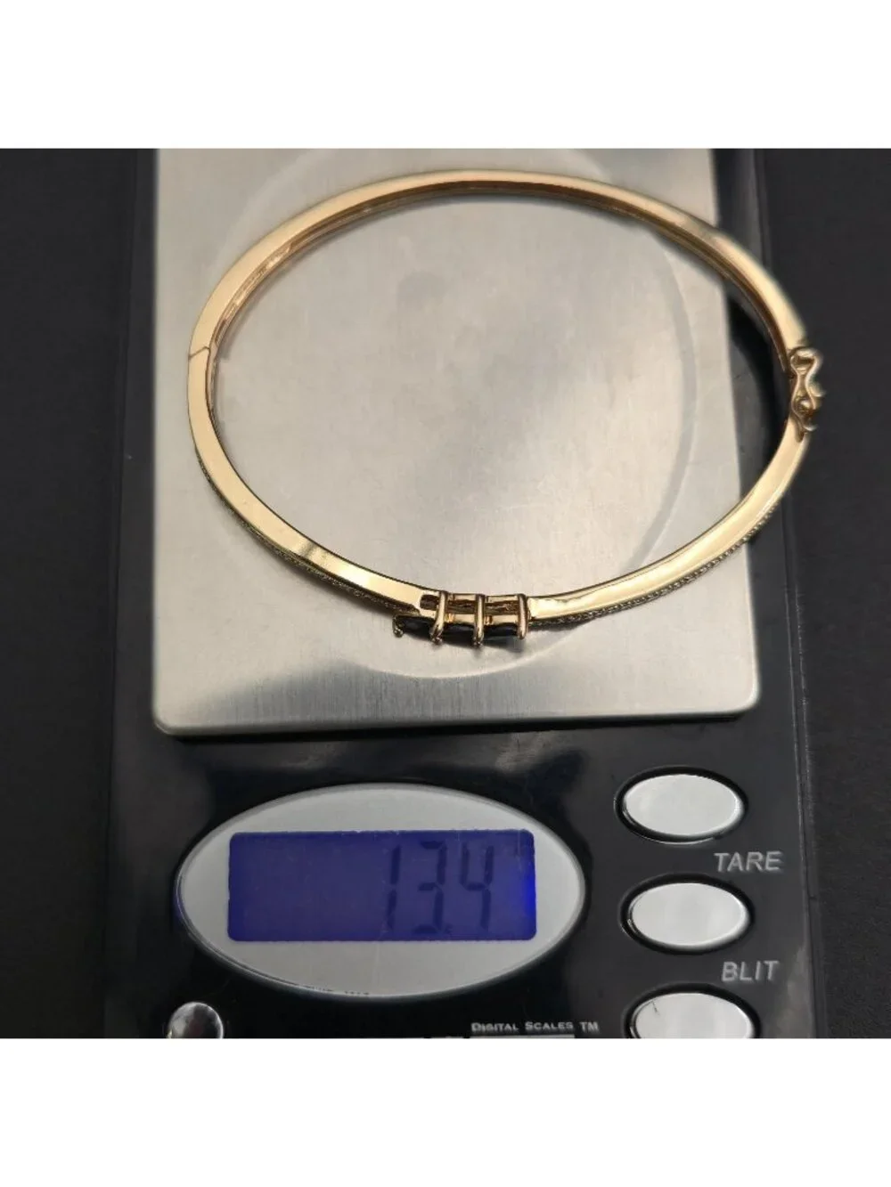 6.5 Inch Gold Over Sterling Silver Black Sapphire Hinged Bangle Bracelet B1457